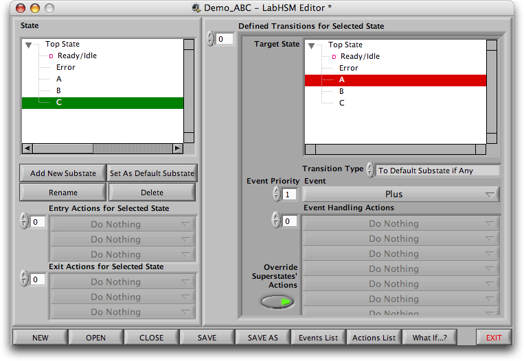 Editor showing a C to A transition caused by the Plus event.