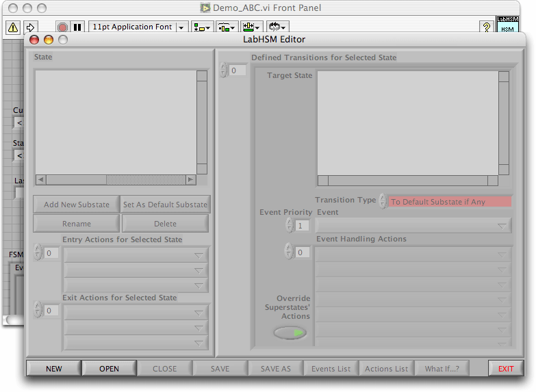 Demo_ABC.vi panel in back; mostly grayed LabHSM Editor in front.